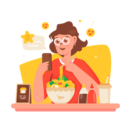 Chica dejando reseñas de comida  Ilustración