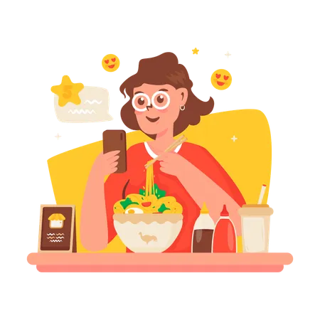 Chica dejando reseñas de comida  Ilustración