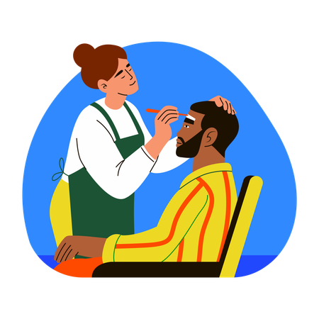 Chica haciendo el modelado de cejas del hombre  Ilustración