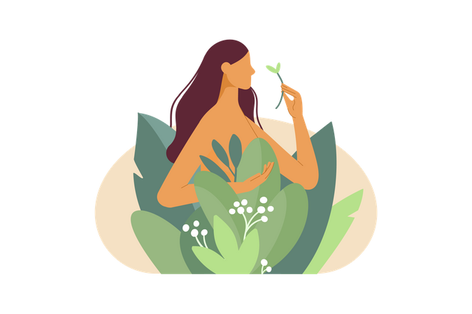 Chica desnuda en plantas de la naturaleza  Ilustración