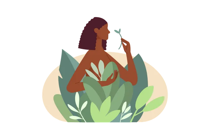 Chica desnuda en plantas de la naturaleza  Ilustración