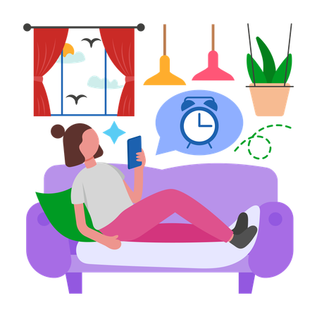 Niña despertándose con la alarma matutina  Ilustración