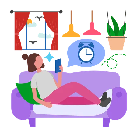 Niña despertándose con la alarma matutina  Ilustración