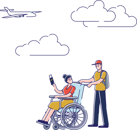 Chica discapacitada con novio yendo a abordar el avión  Ilustración
