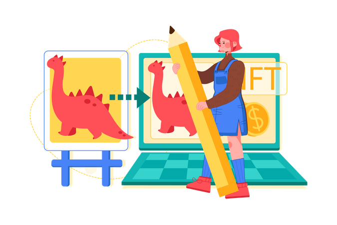 Chica diseñando arte NFT  Ilustración