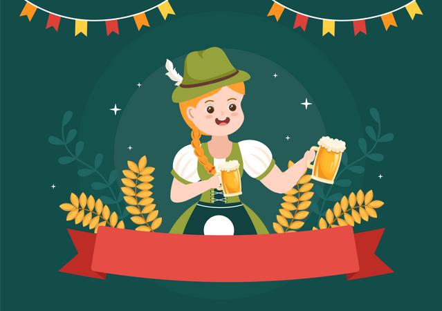 Chica en traje bávaro sosteniendo un vaso de cerveza  Ilustración