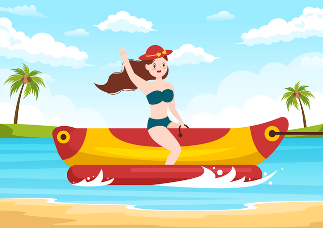 La muchacha disfruta del jet ski del banana boat  Ilustración