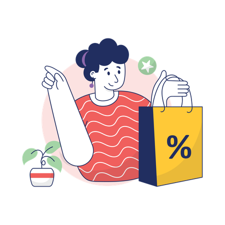 La chica disfruta del descuento en compras  Ilustración