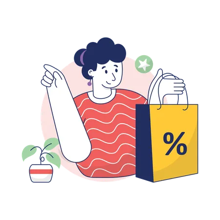 La chica disfruta del descuento en compras  Ilustración