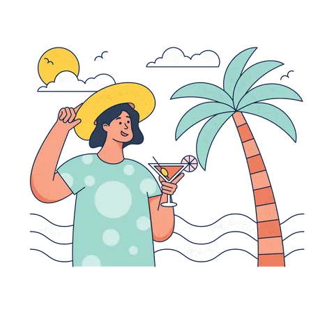 Chica disfruta de un cóctel en la playa  Ilustración