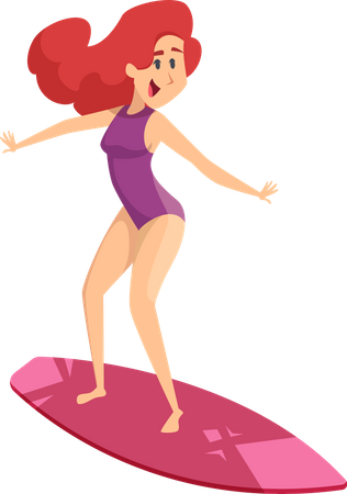 Chica disfruta surfeando  Ilustración