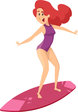 Chica disfruta surfeando  Ilustración