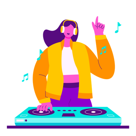 Chica disfrutando de una fiesta de DJ  Ilustración