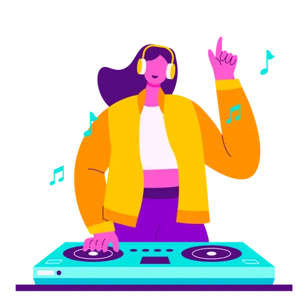 Chica disfrutando de una fiesta de DJ  Ilustración