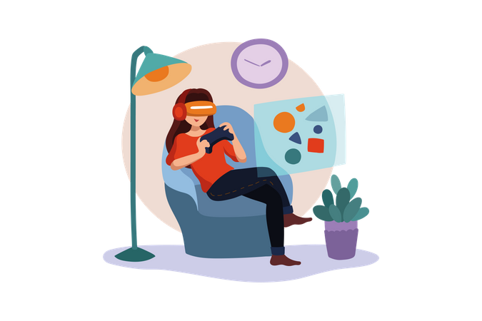 Chica disfrutando de juegos de realidad virtual  Ilustración
