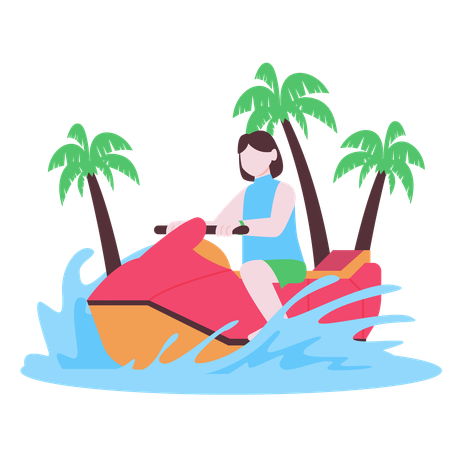 Chica disfrutando de un paseo en moto acuática  Ilustración