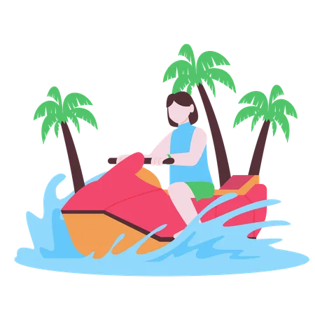Chica disfrutando de un paseo en moto acuática  Ilustración