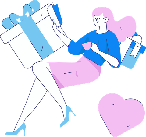 Chica disfrutando de regalos de San Valentín  Ilustración