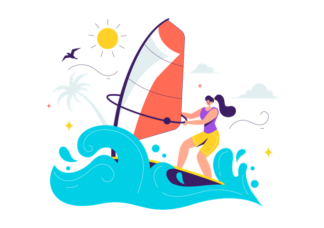 Chica disfrutando de un deporte acuático en la playa  Ilustración