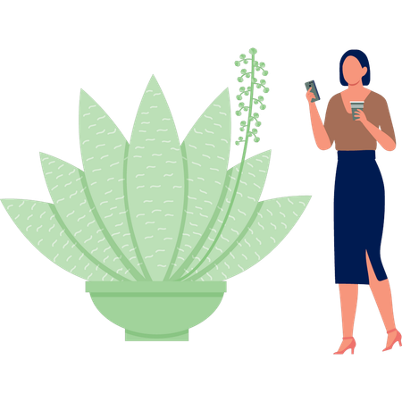 Chica disfrutando de una bebida cerca de una planta de cactus  Ilustración