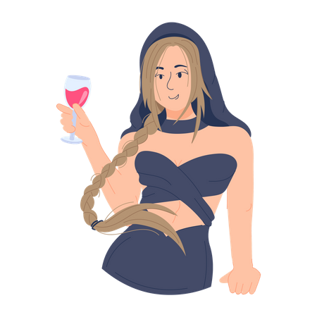 Niña disfrutando del vino  Ilustración