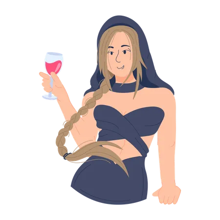 Niña disfrutando del vino  Ilustración