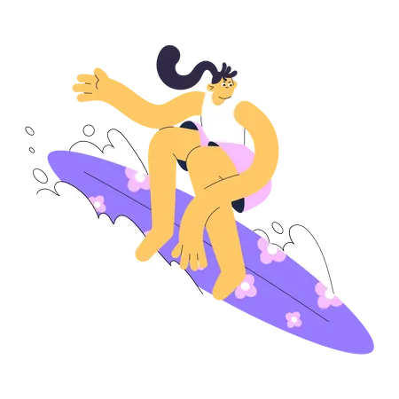 Chica disfrutando del surf  Ilustración