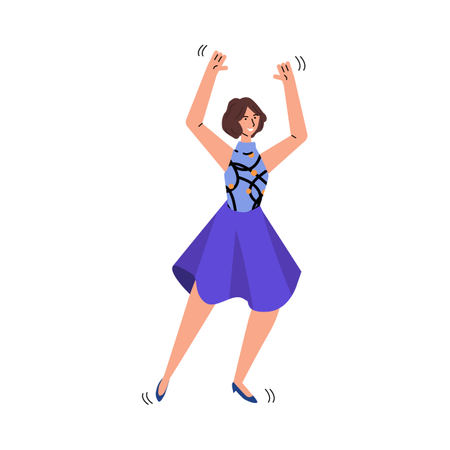 Chica divertida con vestido azul bailando y sonriendo  Ilustración