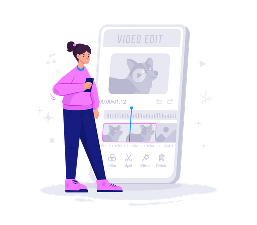 Chica editando vídeo en aplicación móvil  Ilustración