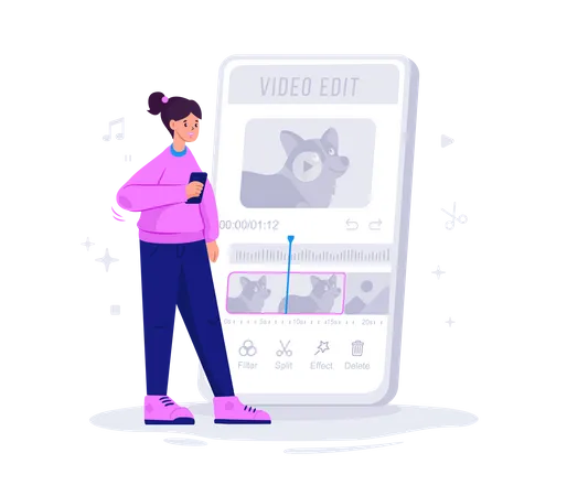 Chica editando vídeo en aplicación móvil  Ilustración