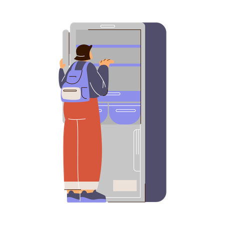 La niña elige un refrigerador en la tienda  Ilustración