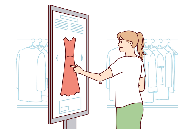 Chica elige vestido online  Ilustración