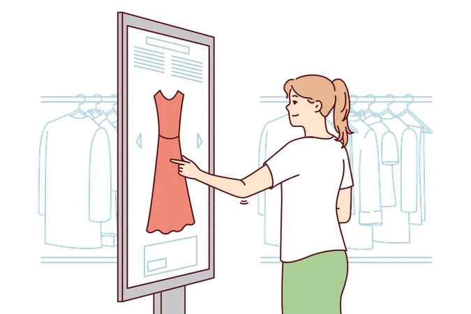 Chica elige vestido online  Ilustración