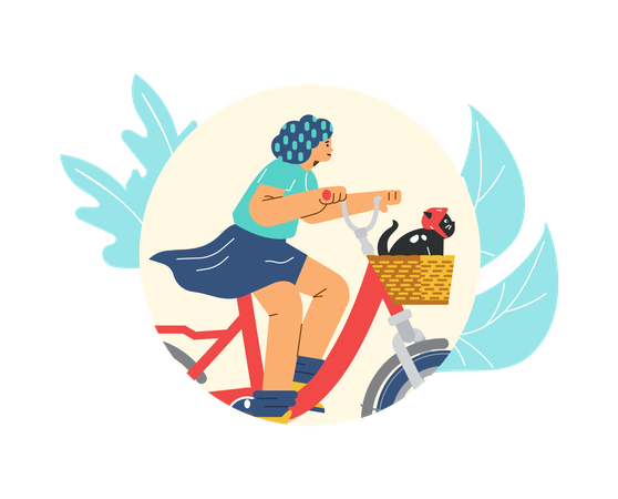 Una niña monta en bicicleta con un gato negro  Ilustración