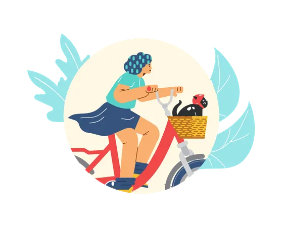 Una niña monta en bicicleta con un gato negro  Ilustración