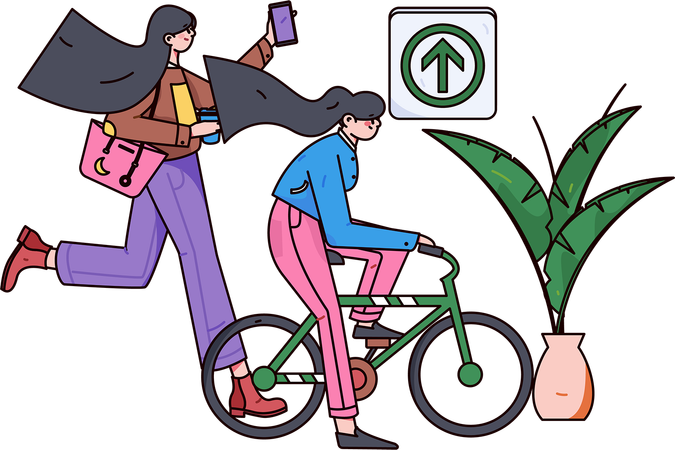 Chica en bicicleta mientras la mujer corre para el transporte  Ilustración