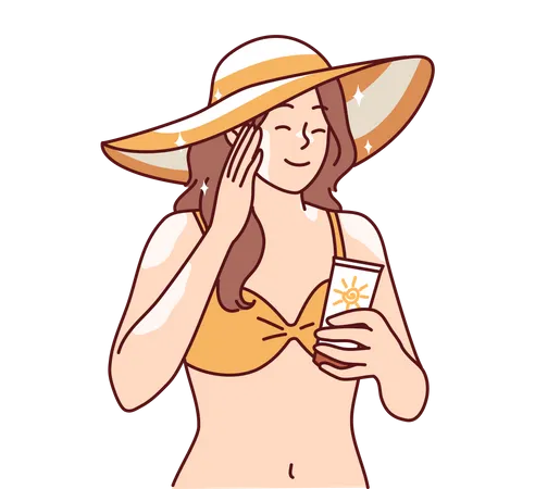 Chica en bikini aplicando protector solar en la playa  Ilustración