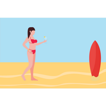 Chica en bikini está en la playa  Ilustración