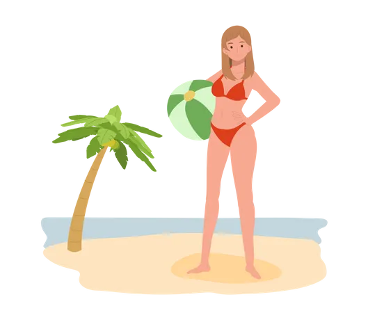 Tema De Vacaciones De Verano En La Playa Chica En Bikini Sosteniendo Una Pelota De Playa En La Playa Fondo Con Mar Cocoteros Ilustracion De Vector Plano Ilustración