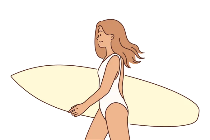 Chica vestida con bikini practicando surf  Ilustración