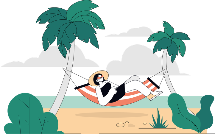 Chica en hamaca relajándose en la playa  Ilustración