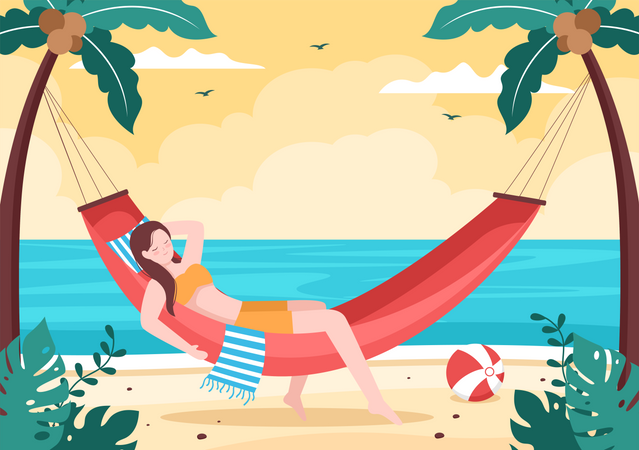 Chica en hamaca relajándose en la playa  Ilustración