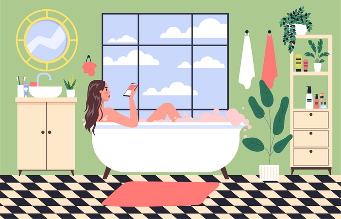 Chica en la bañera usando smartphone  Ilustración