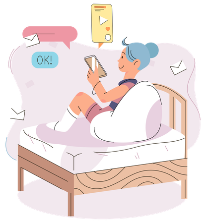 Chica en la cama usando el teléfono  Ilustración