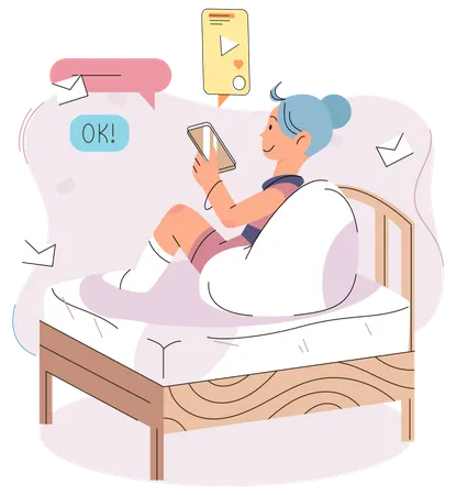 Chica en la cama usando el teléfono  Ilustración