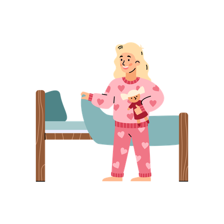 Chica en pijama rosa yendo a dormir  Ilustración