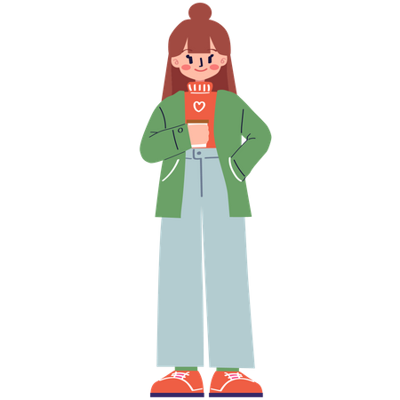 Chica en ropa de invierno sosteniendo una taza de café  Ilustración