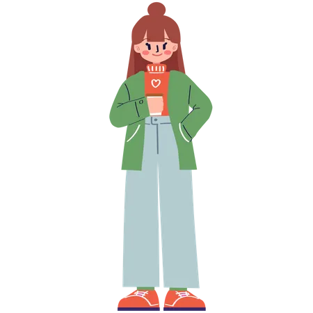 Chica en ropa de invierno sosteniendo una taza de café  Ilustración