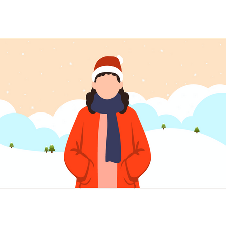 Chica en tela de invierno y de pie al aire libre  Ilustración