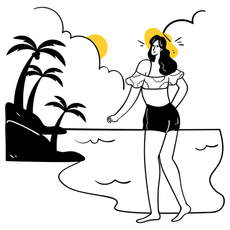 Chica en la puesta de sol tropical  Ilustración